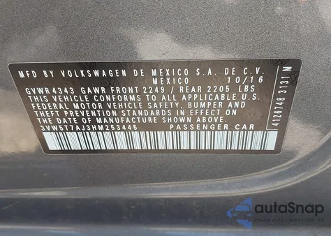 2017 Volkswagen Jetta Gli z USA, uszkodzony, nr VIN 3VW5T7AJ3HM253445